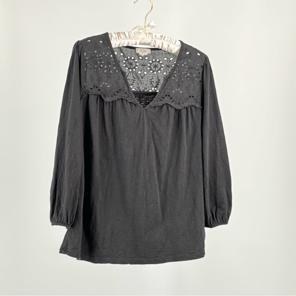 Fat Face Black Cotton Modal Eyelet Top 3/4 Length Sleeves Size US 6